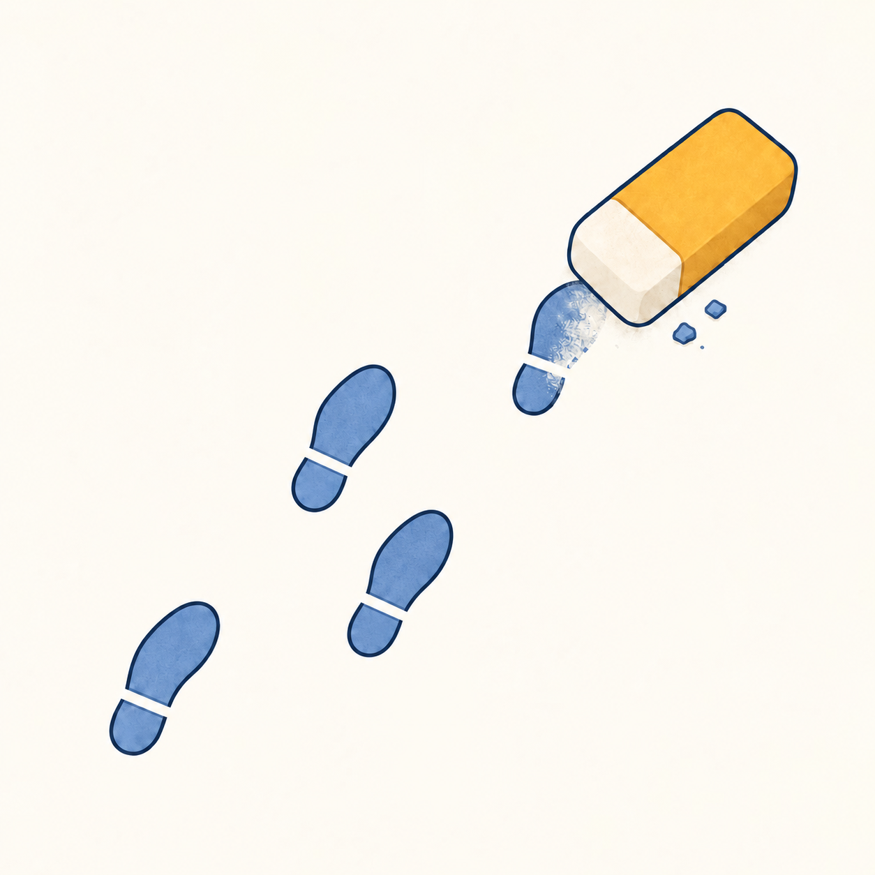A mustard-colored eraser erases the last footprint in a staggered trail of blue shoe prints.