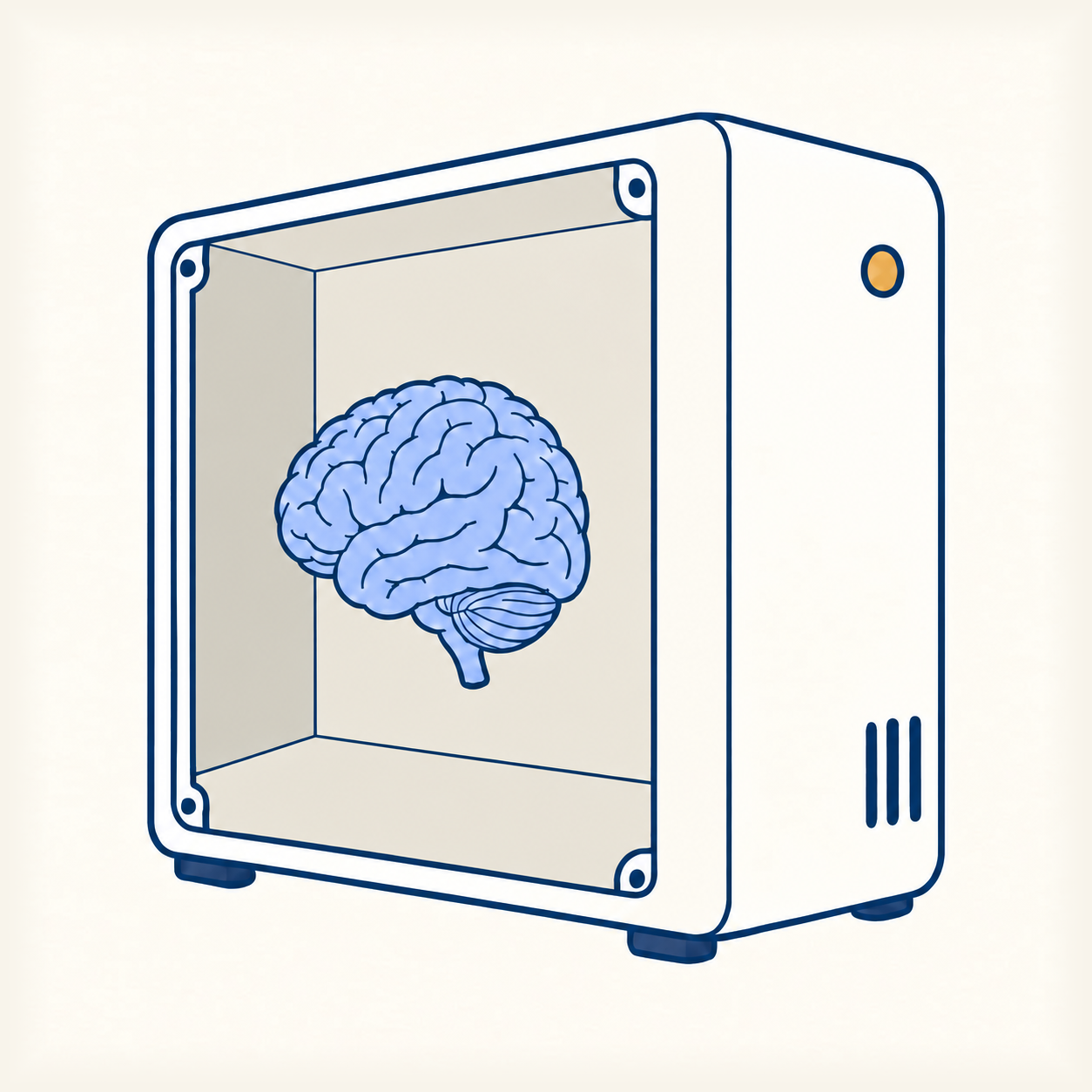 A blue brain inside a cream desktop computer with an orange power button.