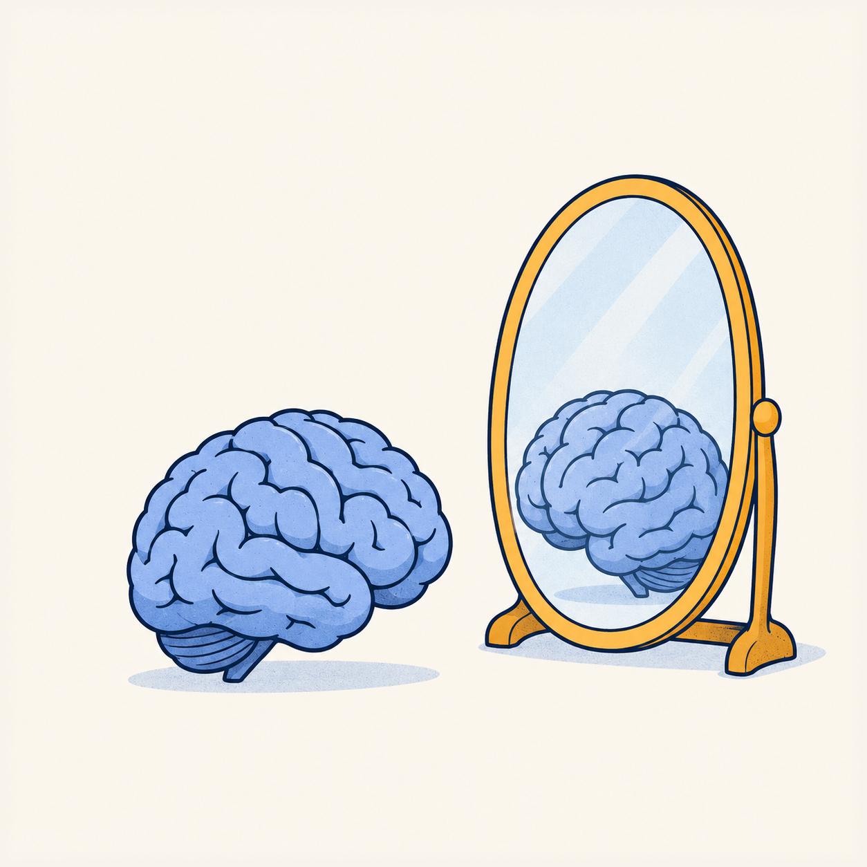 A periwinkle brain facing its reflection in a mustard-framed mirror.