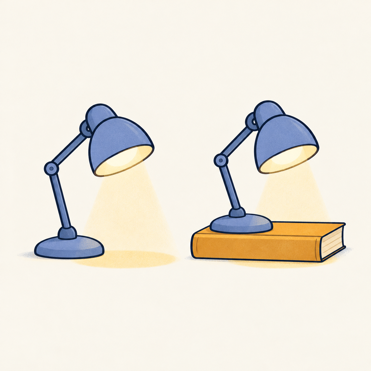 Two blue desk lamps cast light, with one resting on a mustard-colored book.