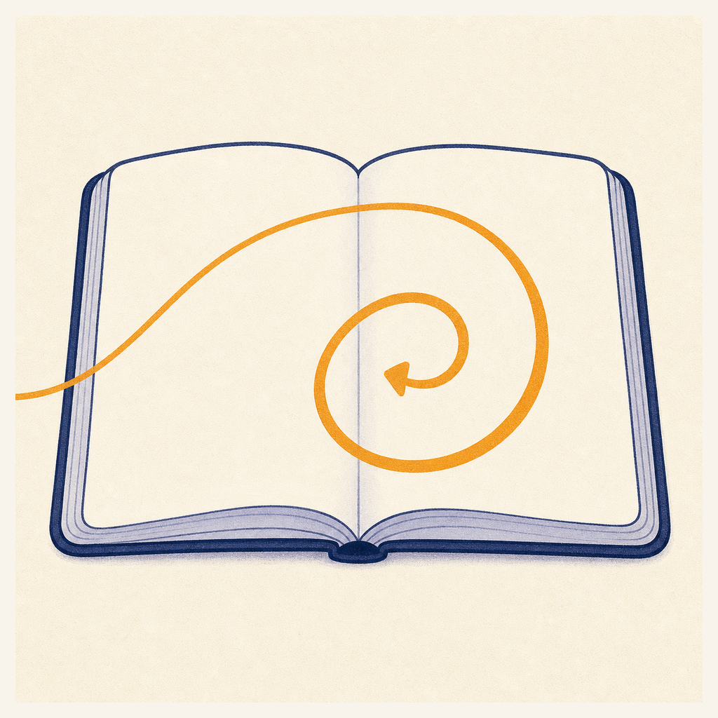 Open research notebook with a single connected spiral line representing self-referencing agent research logs
