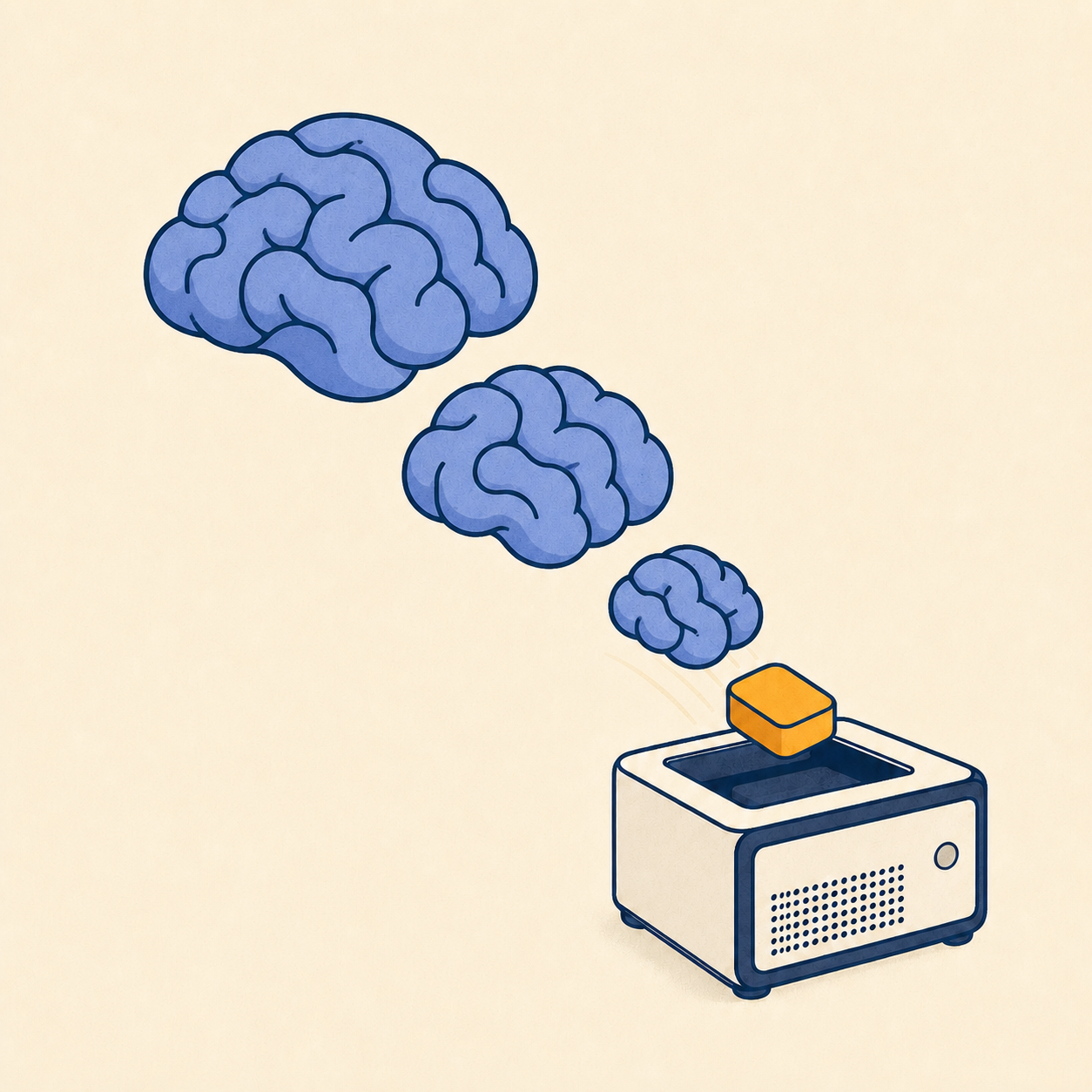 Three progressively smaller blue brain forms compressing into an orange module above a compact local computer