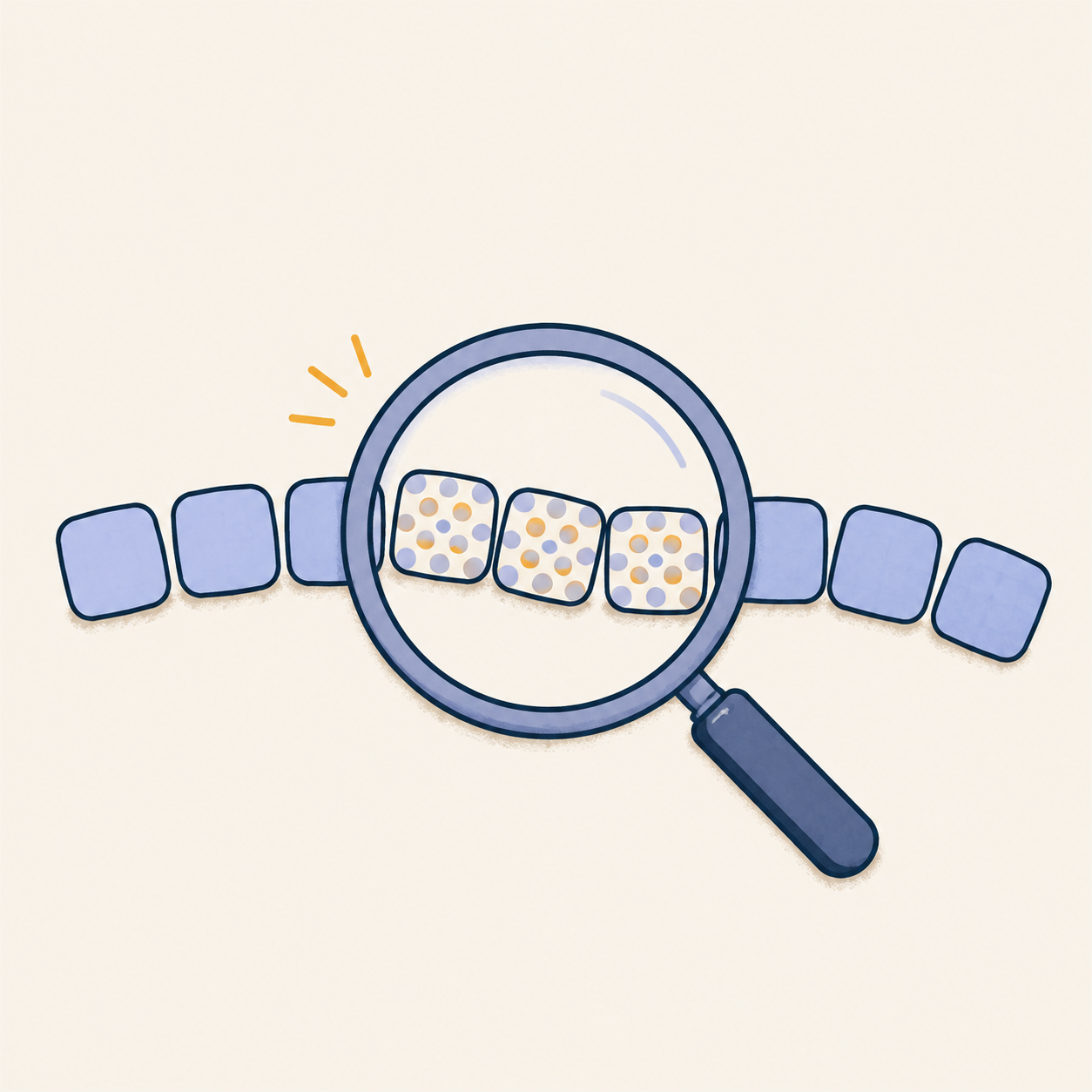 Magnifying glass revealing a dotted watermark pattern in a stream of blue tokens